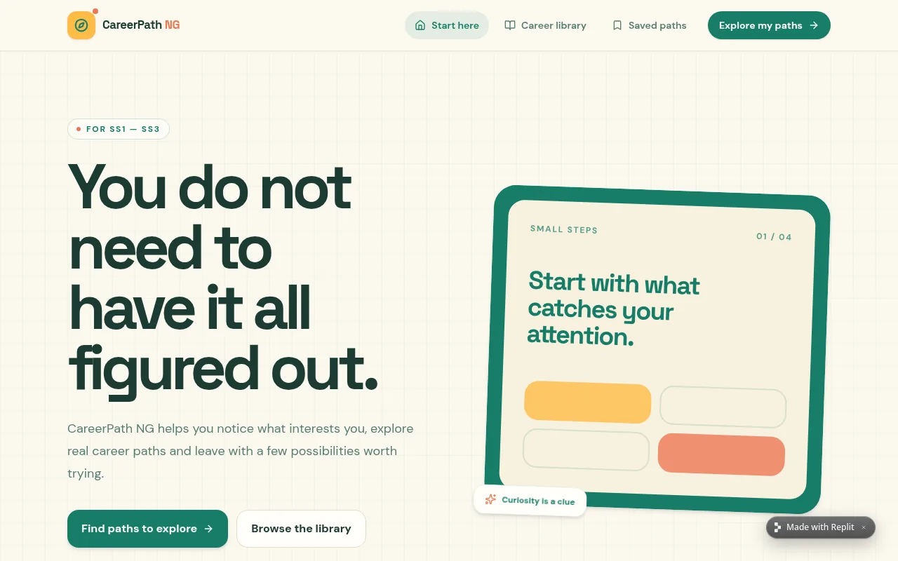 CareerPath NG home screen with an invitation to explore interests and browse the career library.