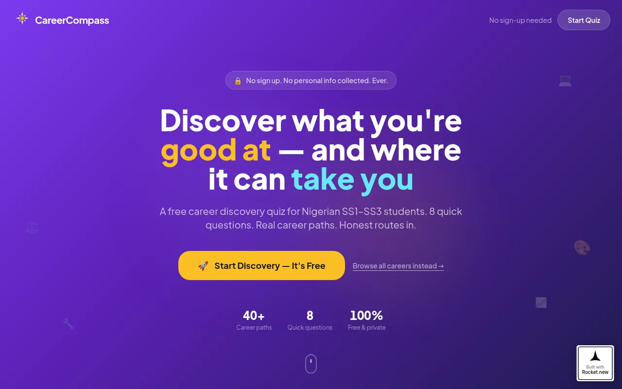 CareerCompass home screen offering a discovery quiz and a link to browse careers.